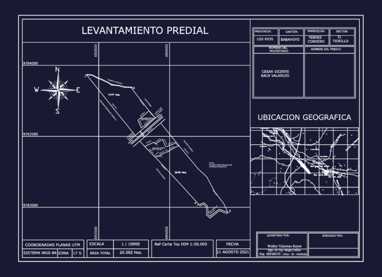 CAD property survey showing site boundaries, UTM WGS 84 coordinate grid, location map, and technical data for Los Rios.