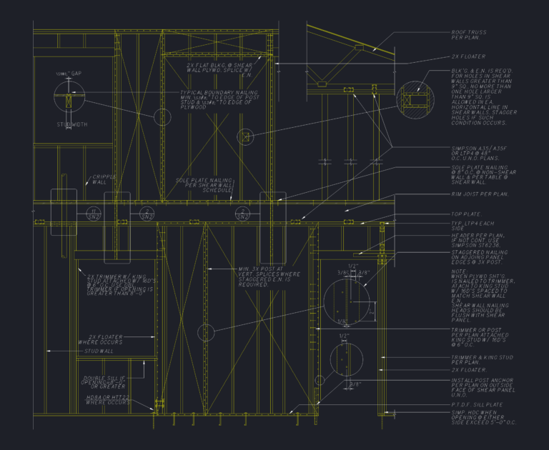 Wood framing CAD drawing showing shear wall sections, nailing schedules, and Simpson Strong-Tie connector callouts.