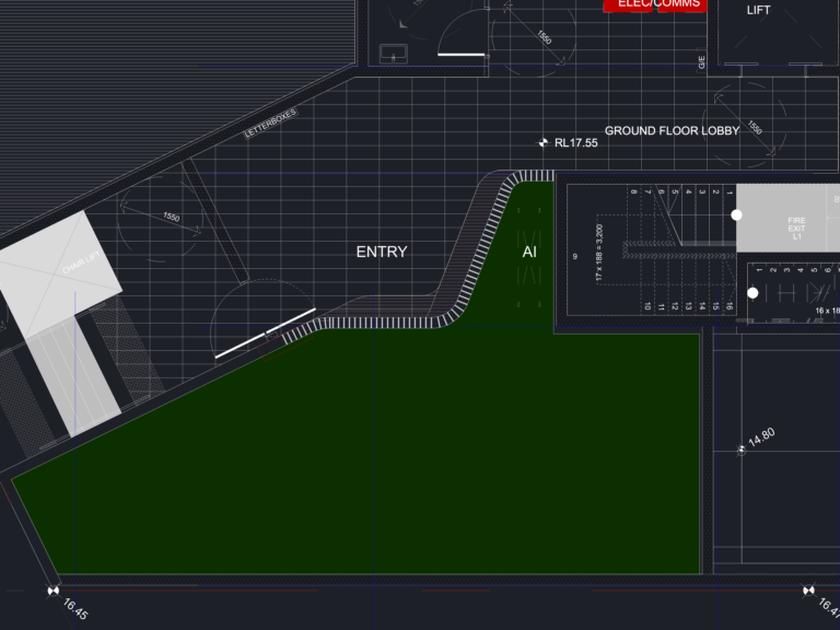 Architectural ground floor plan showing entry lobby, stairs, lift, and external areas for a mixed-use development.