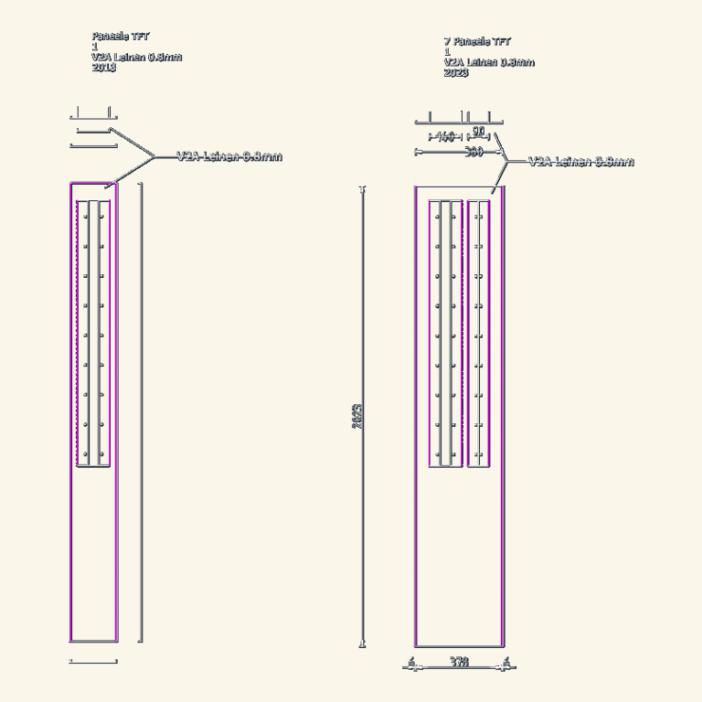 CAD elevations and sections of Schmitt + Sohn elevator TFT panels with V2A linen finish and mounting dimensions.