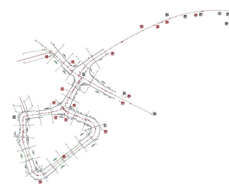 CAD site layout showing road axes AX.100 to AX.114 with coordinate callouts and survey point elevations.