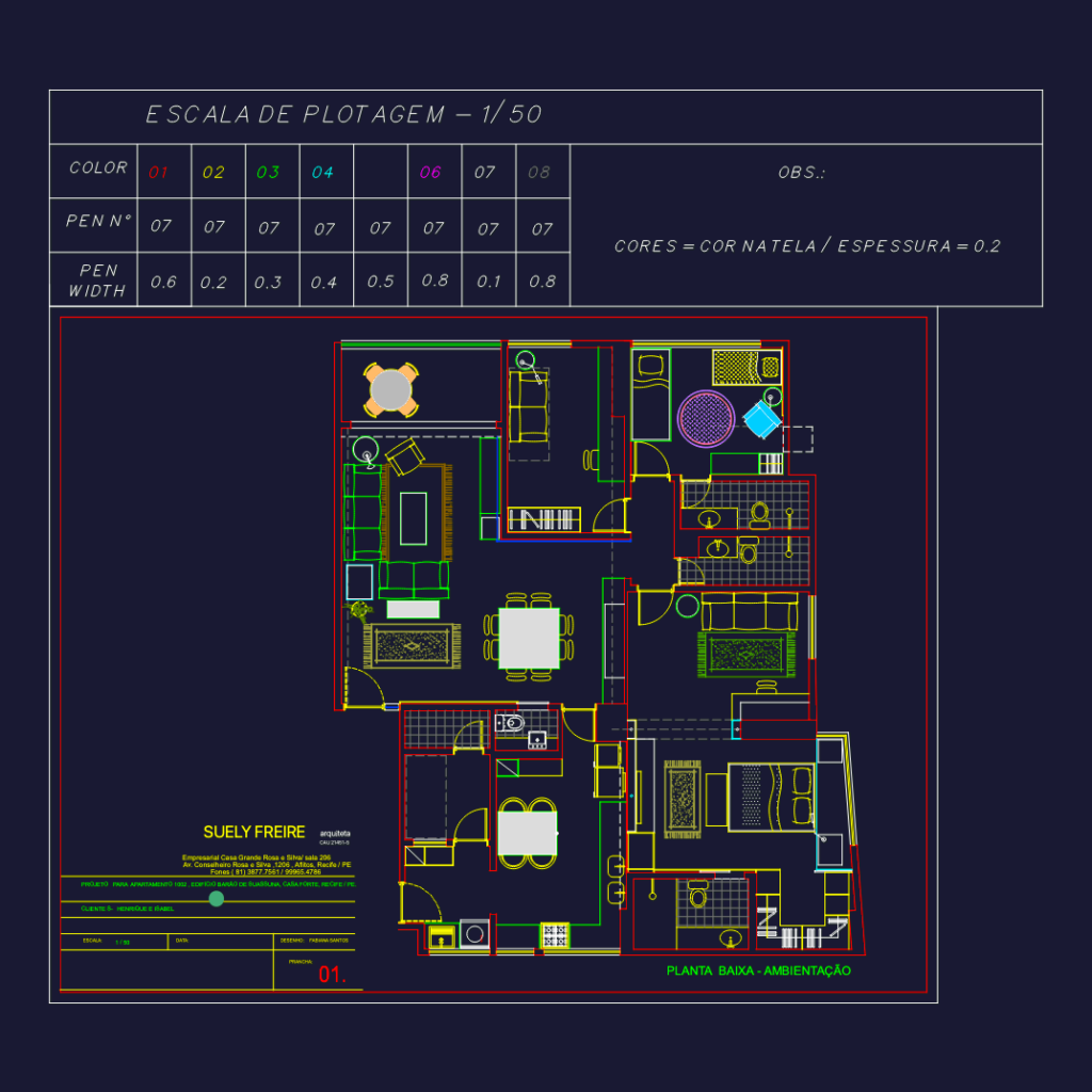 2D CAD floor plan of a residential apartment with furniture layout, fixtures, and technical plotting pen width table.