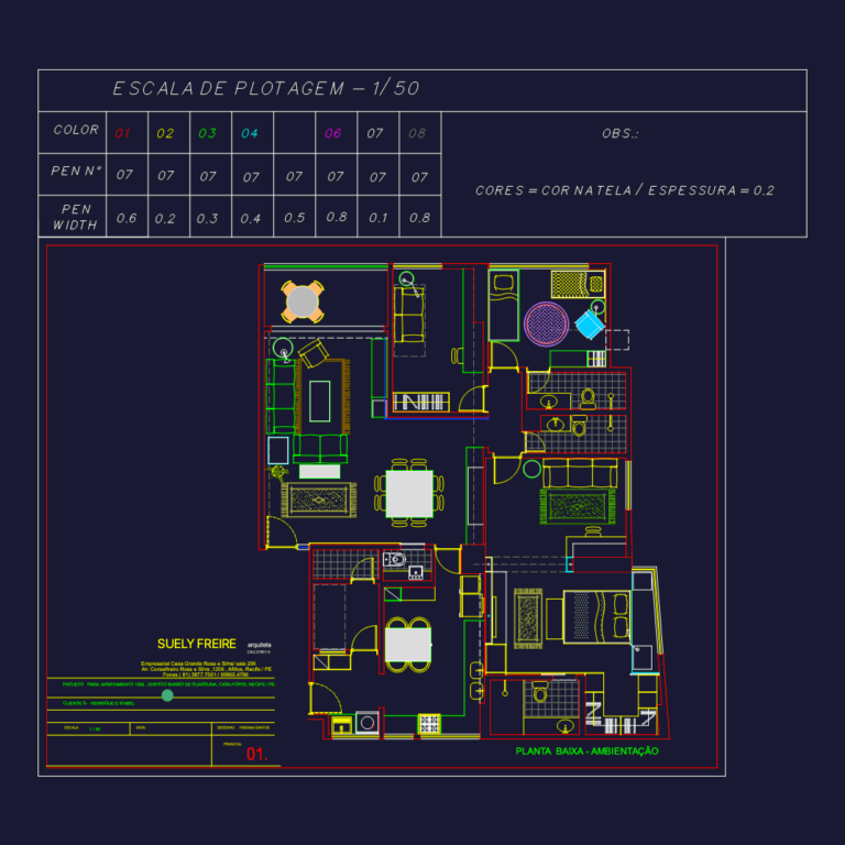 2D CAD floor plan of a residential apartment with furniture layout, fixtures, and technical plotting pen width table.