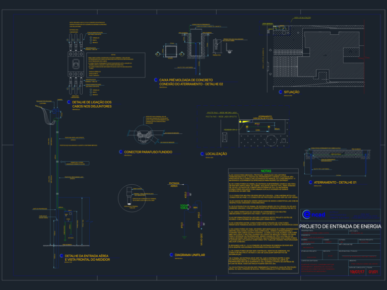 Electrical CAD drawing with unifilar diagrams, grounding pit sections, aerial entrance view, and energy meter details.