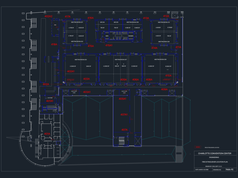 CAD floor plan of a convention center with red text labels indicating fire extinguisher locations throughout the facility.