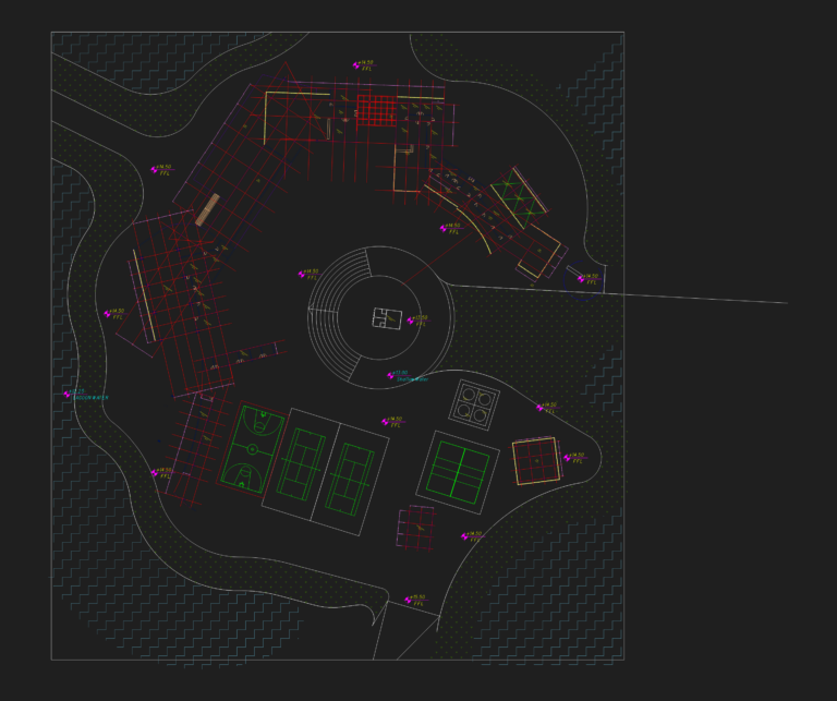 CAD site layout of a sports island showing building footprints, tennis courts, a circular track, and lagoon edges.