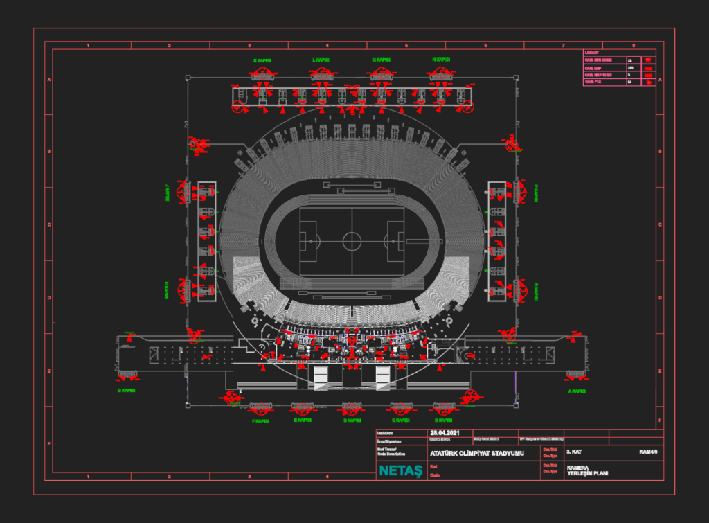 CAD floor plan of Atatürk Olympic Stadium showing security camera placements, symbols, and legend.