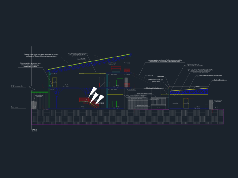 Architectural section drawing of an environmental education center with ceramics workshop and metal truss roof details.
