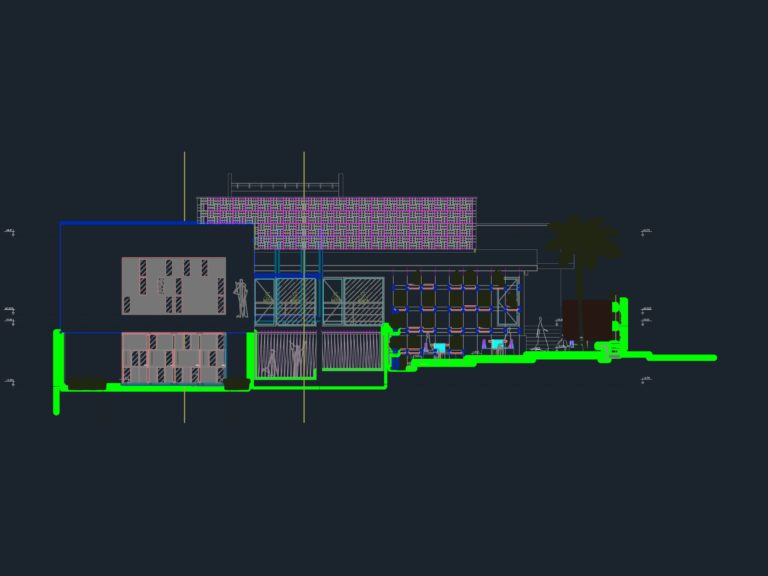 CAD section drawing of a multi-level restaurant with interior bar, seating areas, outdoor patio, and palm tree.