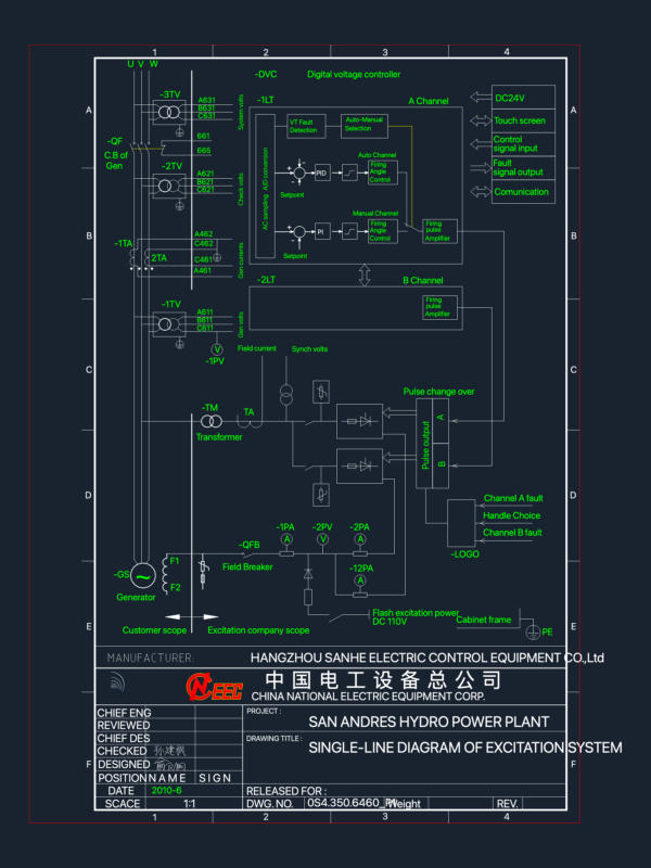 Excitation System Single-Line Diagram DWG for San Andres Hydro Power Plant