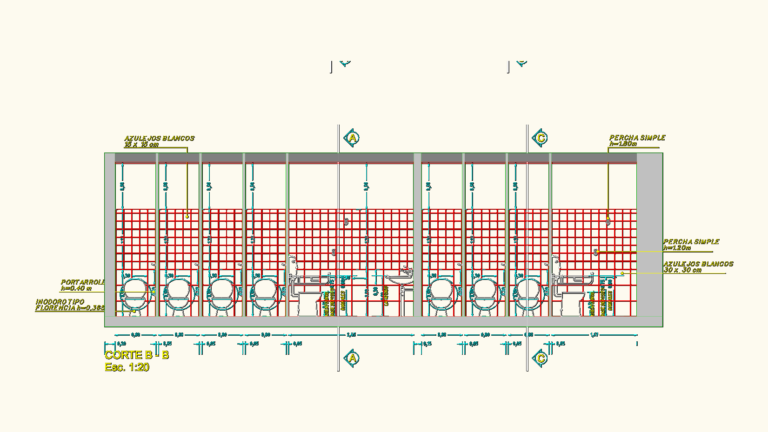 1:20 scale CAD section drawing of a public restroom with toilet cubicles, accessible stalls, and wall tiling specs.