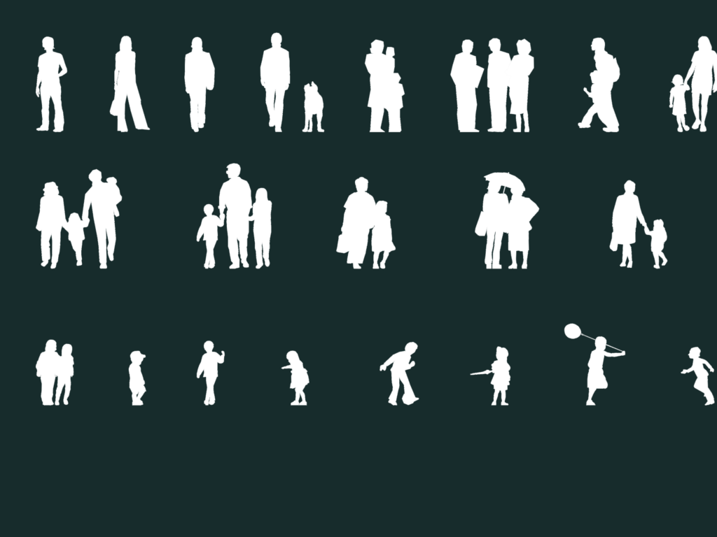 21 white solid-filled human silhouettes in elevation view including adults, children, families, and a dog.