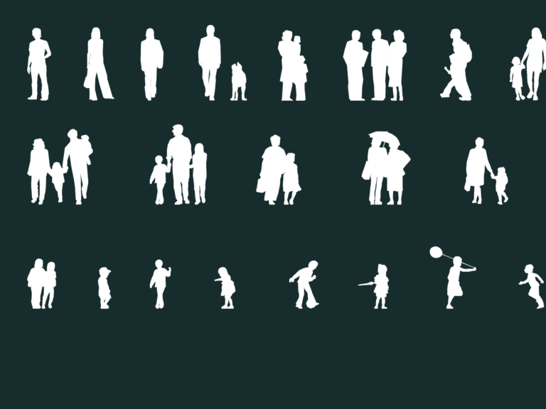 21 white solid-filled human silhouettes in elevation view including adults, children, families, and a dog.