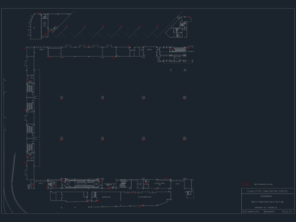 CAD floor plan showing fire extinguisher locations and room layouts for the Charlotte Convention Center.