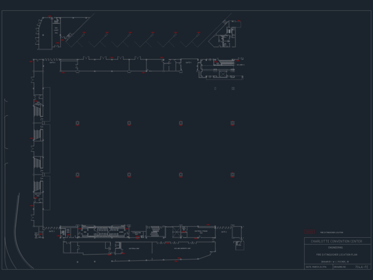 CAD floor plan showing fire extinguisher locations and room layouts for the Charlotte Convention Center.