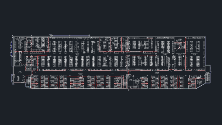 CAD floor plan of a research laboratory facility showing lab benches, specialized lab rooms, and office layout.