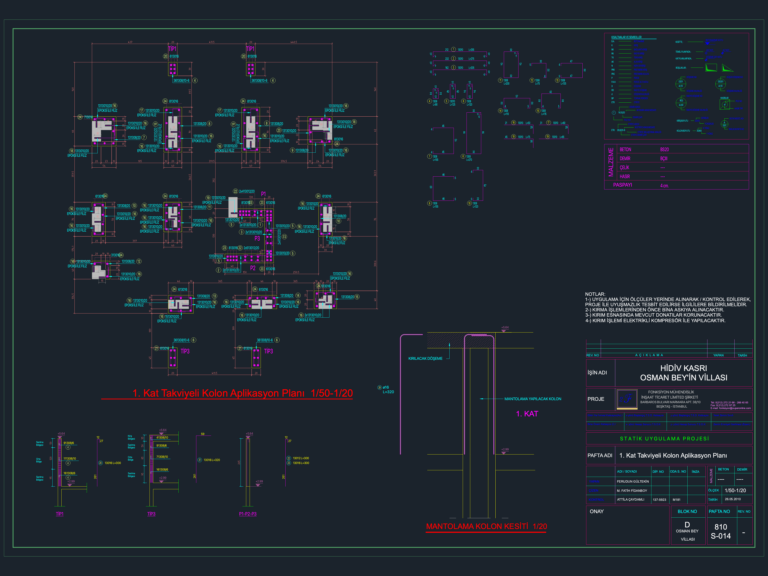 Structural CAD drawing of first-floor column application plans, jacketing sections, and rebar schedules for a villa.