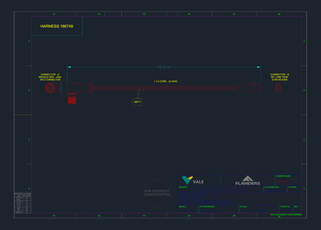 CAD drawing of a 15m Flanders 166749 electrical harness with M12 and DT06-4S-E008 connectors.
