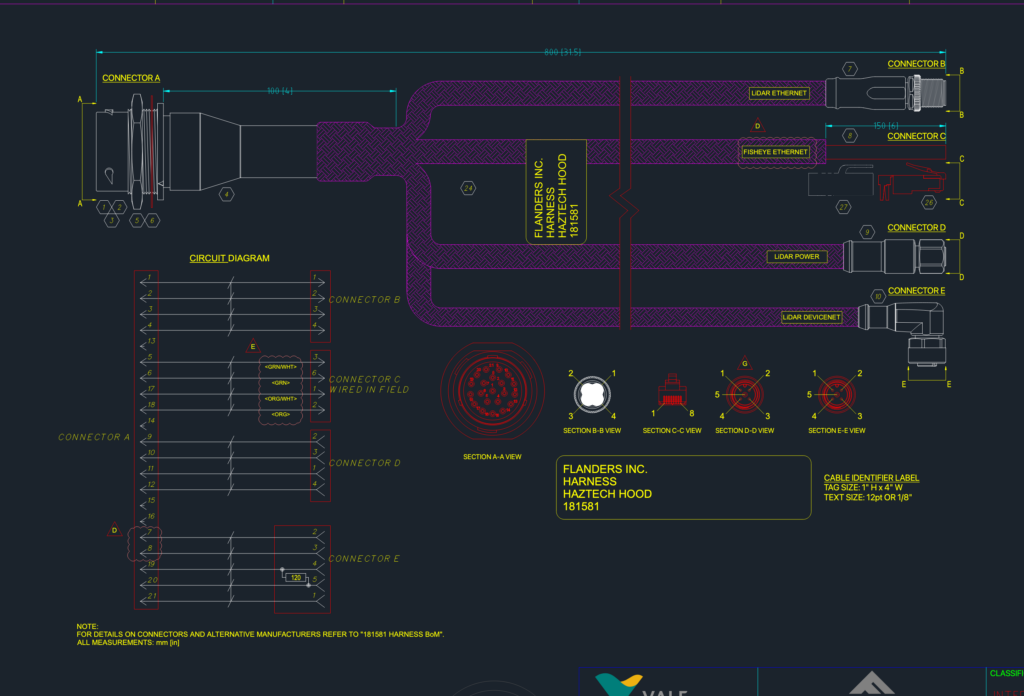 CAD drawing of an electrical harness with circuit diagram, connector section views, and labels for LiDAR and ethernet.