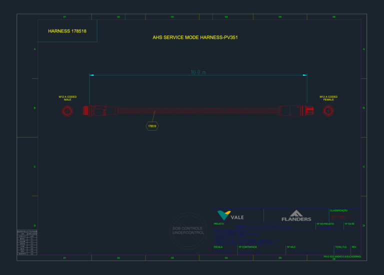 Technical drawing of a 10m Flanders AHS service mode harness with M12 A-coded male and female connectors.
