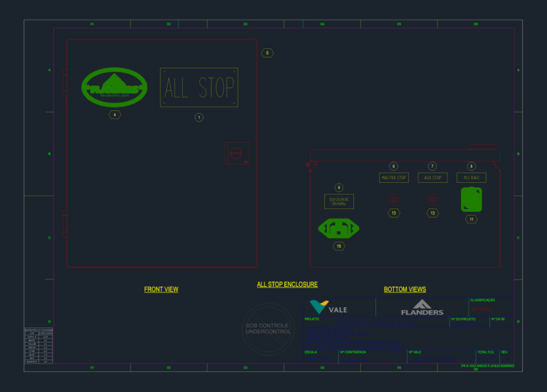 Technical CAD drawing of a Flanders All Stop enclosure showing front view and bottom port configuration.