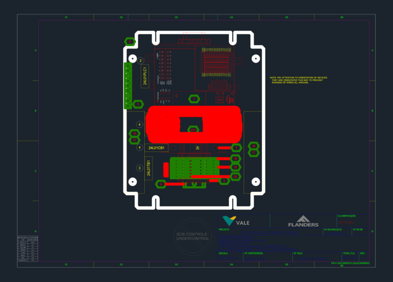 Internal CAD layout of an industrial electrical enclosure with PLC, terminal blocks, and component labels for mining equipmen