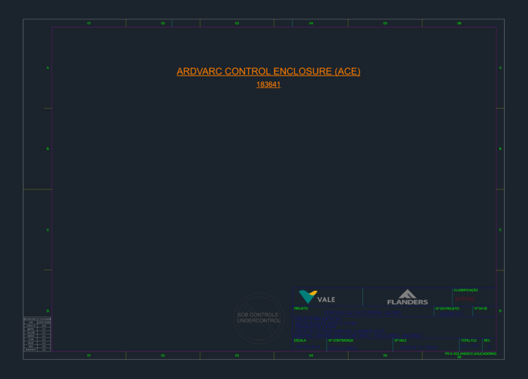 CAD title sheet for the ARDVARC Control Enclosure (ACE) with Vale and Flanders logos and project index.