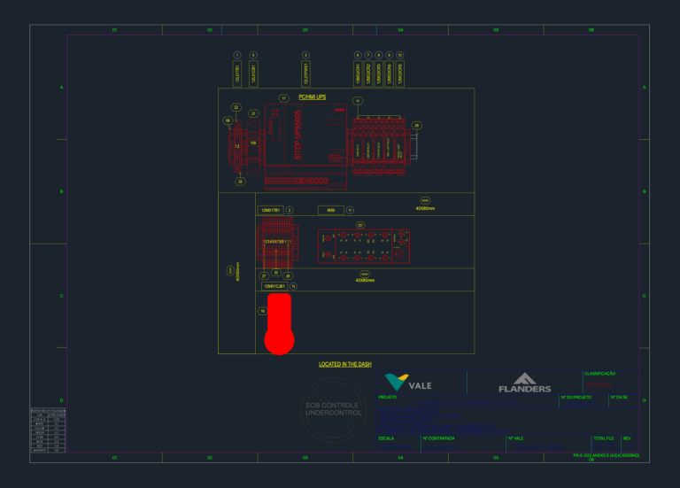 CAD electrical layout of a Flanders dash panel with SITOP UPS500S, terminal blocks, and system relays.