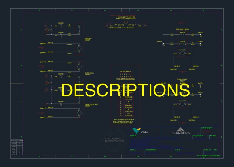 Electrical schematic for autonomous drill dash panel showing relays, terminal blocks, and 12-way Deutsch plug pinout.