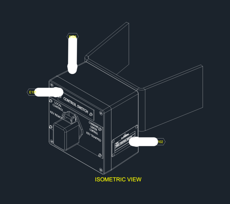 Isometric CAD drawing of a Flanders control switch enclosure assembly with local and command center control labels.