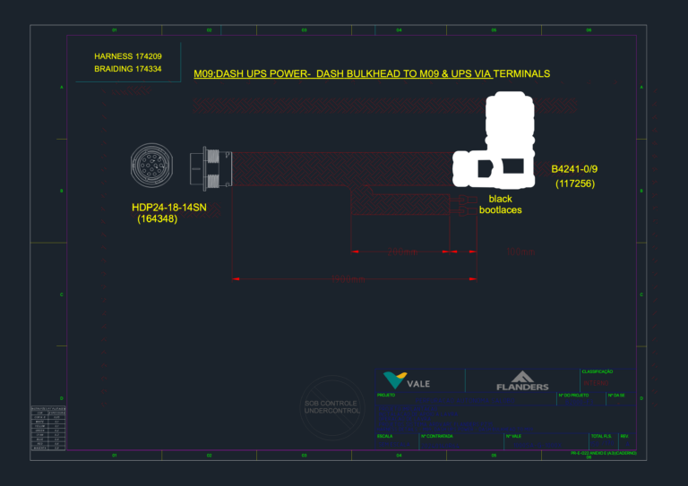 Wiring harness layout for Flanders DASH UPS power showing dash bulkhead to M09 terminal connections and dimensions.