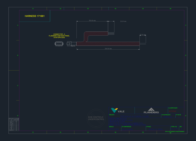Flanders harness 171661 CAD assembly drawing showing dimensional layout, branches, and DT0412PA-CE02 connector detail.