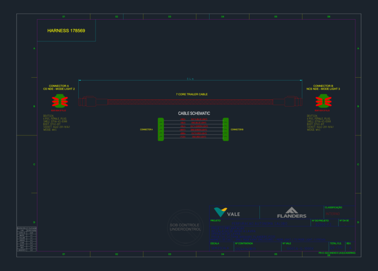 Wiring schematic of an 8.4m 7-core trailer cable with Deutsch DT06-6S-E008 connectors and connector pinout table.