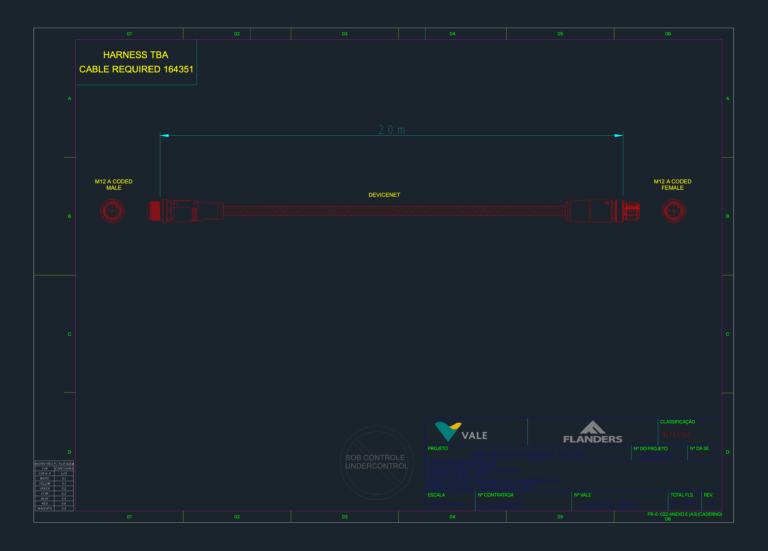 M12 Devicenet harness CAD drawing showing a 2m cable with A-coded male and female connectors and connector end views.