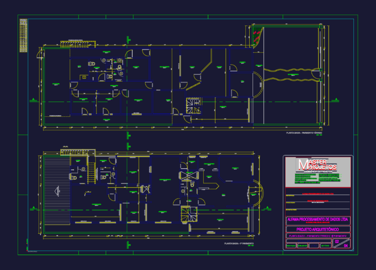 Architectural floor plans for a two-story data processing center office building including parking and technical areas.