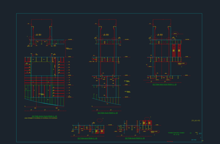 Structural CAD sections of a ship deck crane foundation including longitudinal stiffeners and deck levels from tank top.