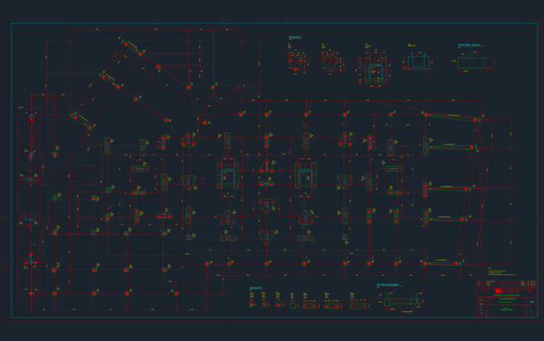 CAD plan view of foundation formwork showing pile cap details, equilibrium beams, and structural layout dimensions.