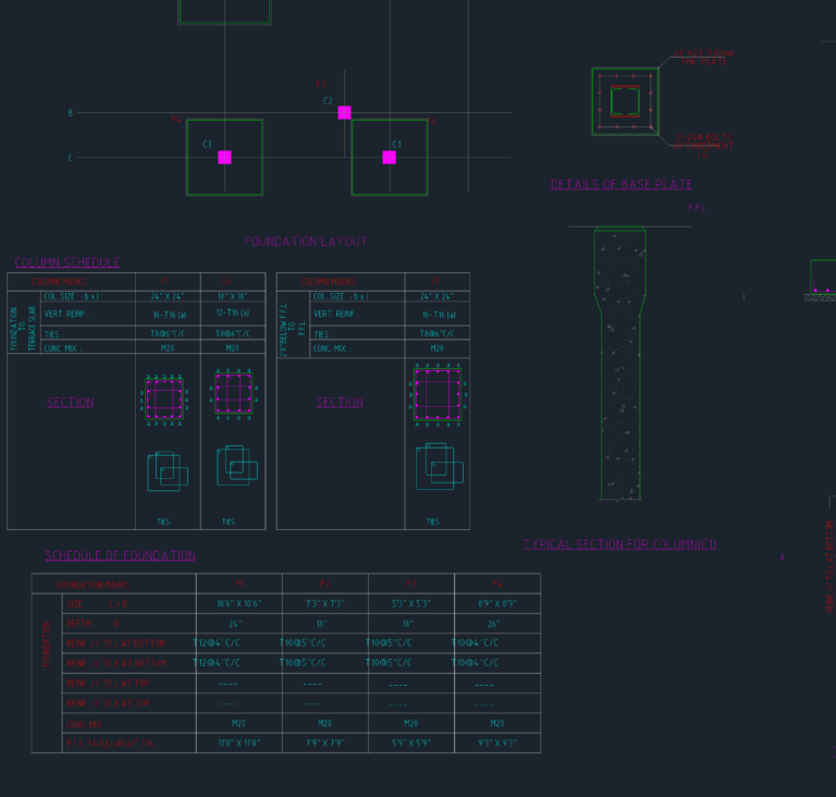 Structural CAD drawing showing foundation layout, column schedules, and base plate reinforcement details.