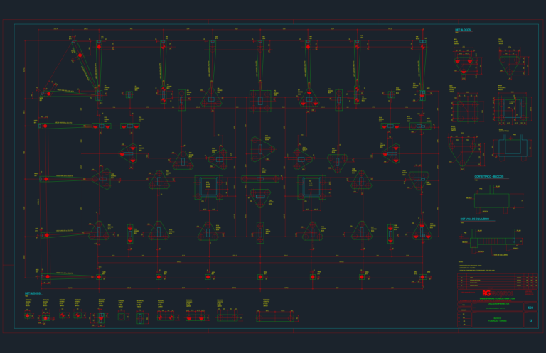 Structural CAD sheet showing pile cap foundation layout, equilibrium beams, typical sections, and concrete specifications.