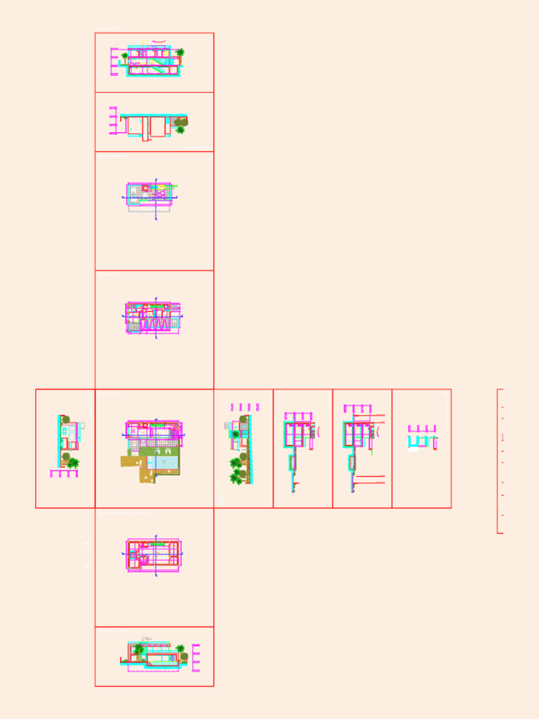 CAD drawing set for a residential villa including floor plans, sections, elevations, and construction details.