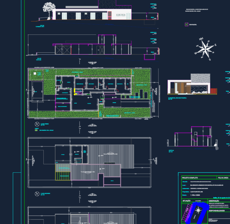 Architectural CAD drawings including ground floor plan, mezzanine, house elevations, sections, and site plan with pool.