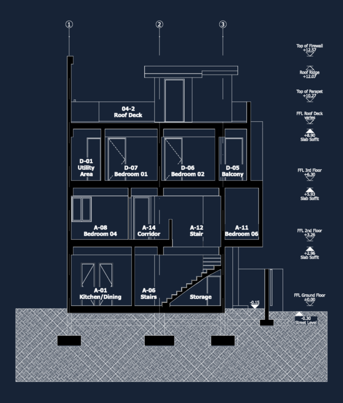 Full architectural section for a three story residential house