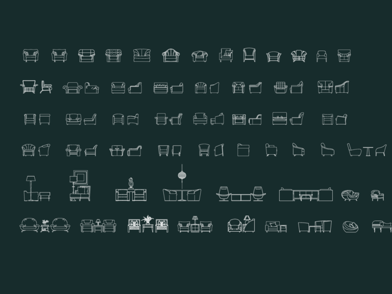 Front and side elevation CAD blocks of 76 armchairs including club chairs, lounge chairs, and modern minimalist seating.