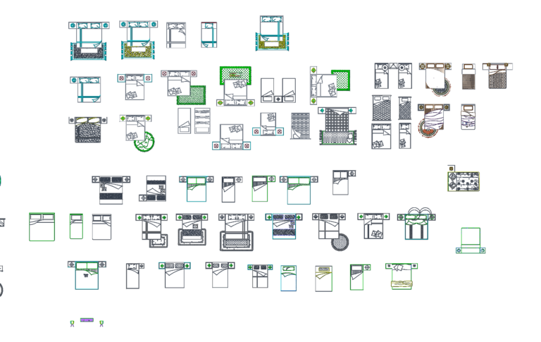 Grid of various 2D bed plan view CAD blocks including single, double, and master beds with nightstands and floor rugs.