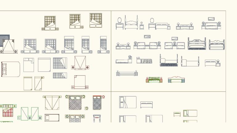2D CAD blocks showing bed plan and elevation views with headboards, linens, and bedside tables for interior design.