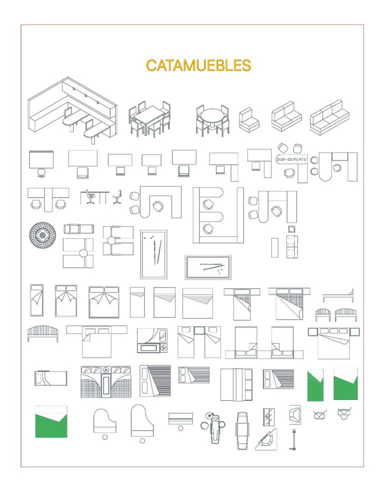 Furniture CAD blocks including beds, office desks, pool tables, sofas, and grand pianos in plan and isometric views.