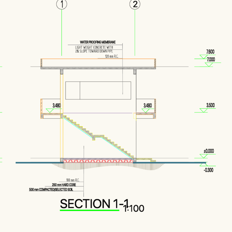 Architectural section of a G+1 watch tower showing stairs, foundation layers, floor levels, and roof membrane details.