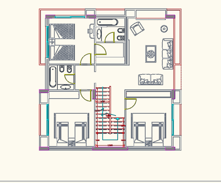CAD floor plan of a G+2 villa featuring furniture layout, bedrooms, bathrooms, and a central staircase.