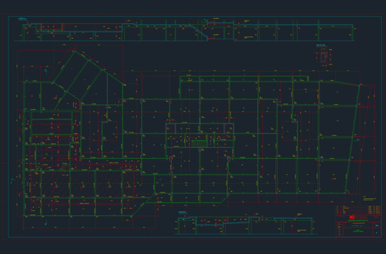 Structural formwork plan for a concrete slab featuring beam layouts, cross-sections, and pillar details.