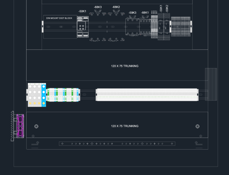 Electrical control panel GA layout with Allen Bradley components, DIN rails, and wiring trunking on a backplate.